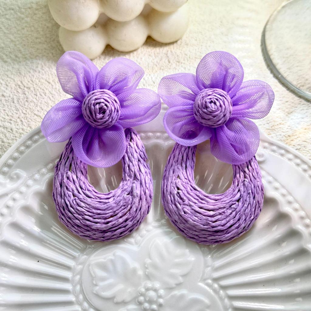 Korean Pastoral Raffia Straw Flower Earrings – Spring Resort Style