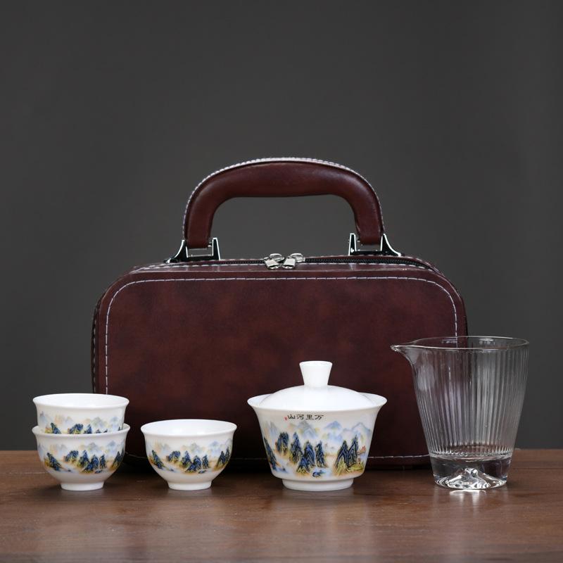 Suet Jade Porcelain High-end Travel Tea Set Cover Bowl Teacup Business Leader Customer Teacher Father Commemorative Gift