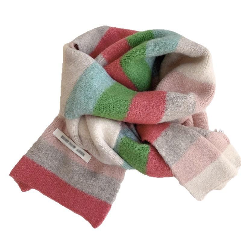 Rainbow Striped Mohair Scarf Women's Winter Korean Version Color Matching Striped Wool Short Scarf Student Warm Short Scarf Men