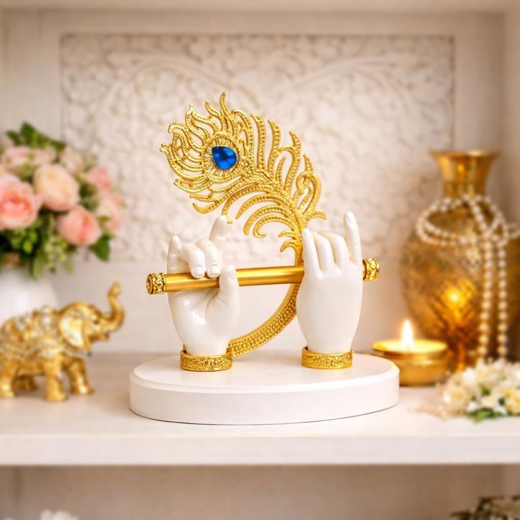 Goldplated Krishna Hand with Flute Idol Peacock Feather Mor Pankh Showpiece,Housewarming Gift, Birthday Wedding Anniversary Janmashtami Gift