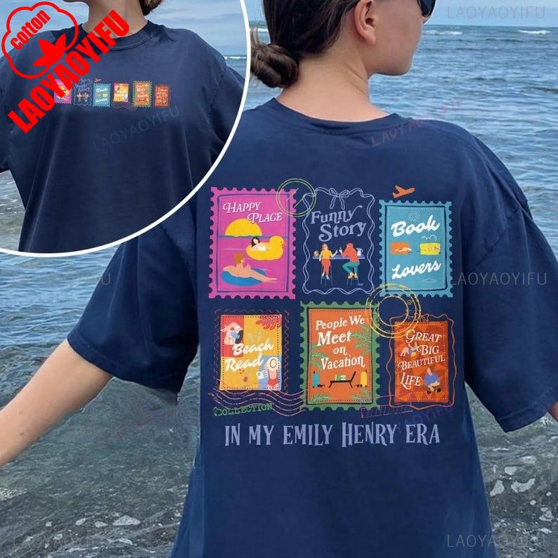 

Emily Henry Book Stamps Cotton Shirt Happy Place Book Lover Gift for Romance Reader Graphic T Shirts Y2k Top Women Clothing M