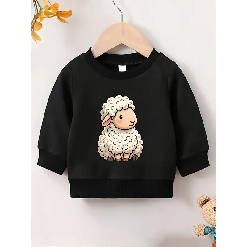 European Size Cartoon Lamb Print Pattern 0-3 Years Comfortable Spring Lightweight Crew Neck Sweatshirt, Adorable Design Suitable for Outdoor Wear