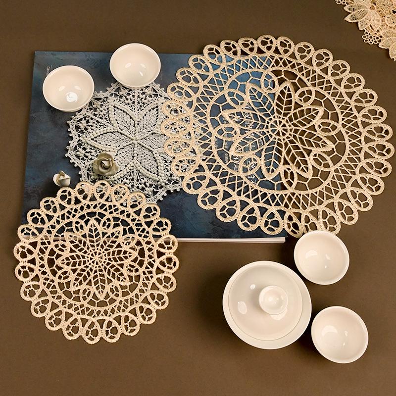 Beige Lace Floral Tablecloth & 3D Coasters Set - Heat-Resistant, Country Style Round Mats