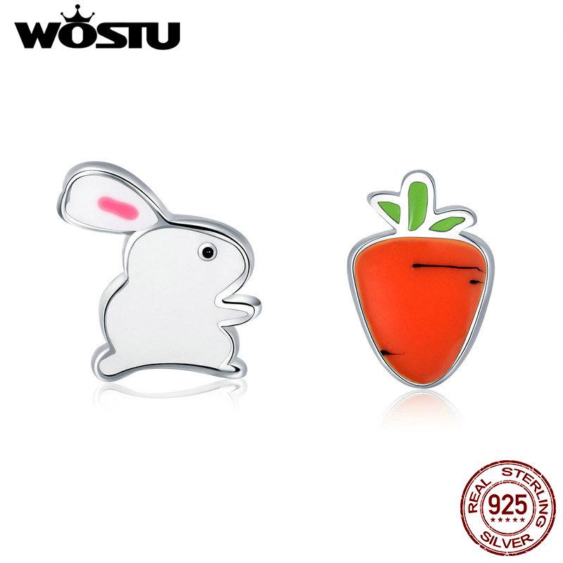 WOSTU Authentic 100% 925 Sterling Silver Tiny Carrot Rabbit Animal Stud Earrings for Women Silver Party Fine Jewelry Gift CSE154