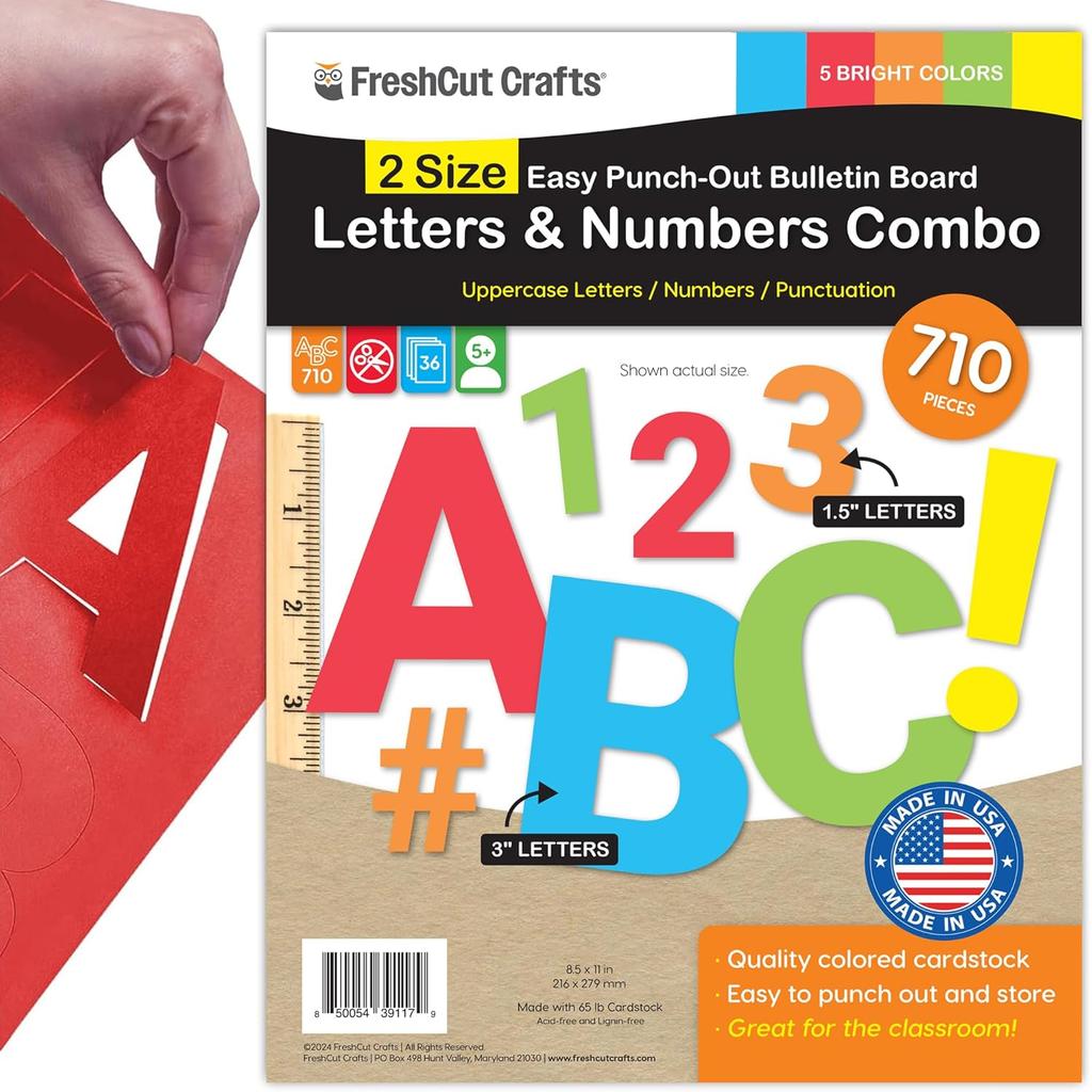 Combo Pack Large & Small Bulletin Board Letters & Numbers, Bright Multicolored 1.5 & 3 in. US Made Capital Alphabet Letters, Numbers, Punctuation for