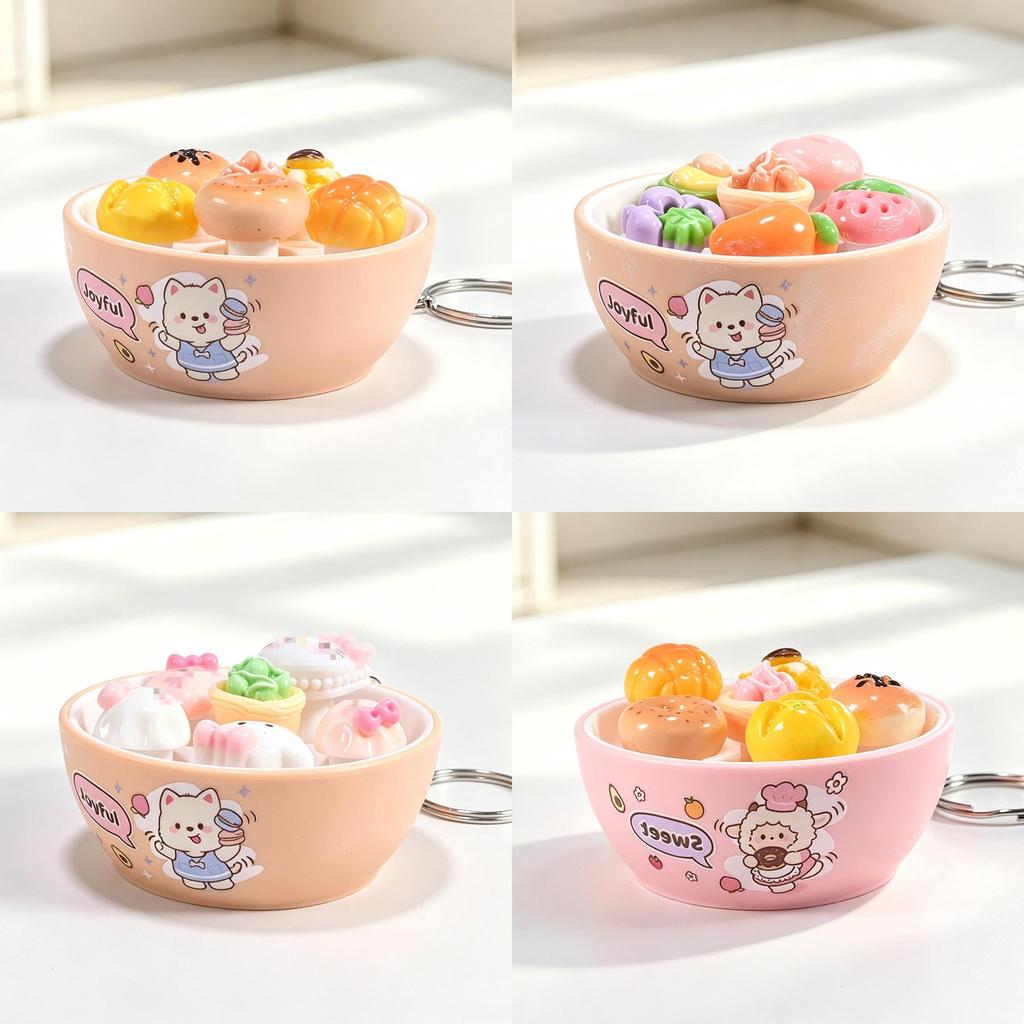 Plastic Mini Bread Squeeze Toy Keychain With Cartoon Pattern For Kids And Teens