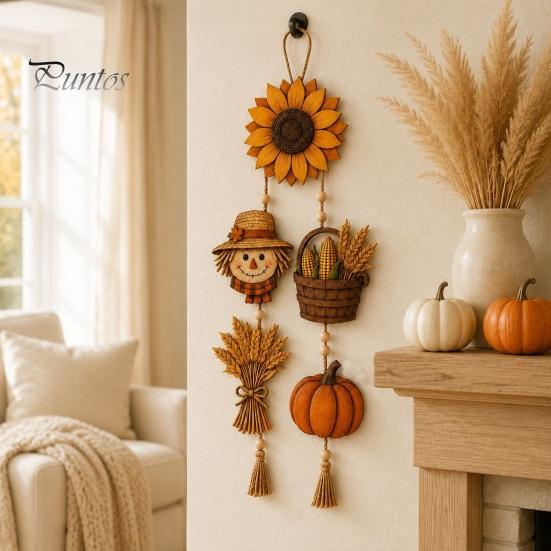 Seasonal Holiday Party Supplies Autumn Harvest Wooden Hanging Sign, Rustic Farmhouse Door Sign with Tassels and Wood Beads, Decorative Wheat Ear Corn