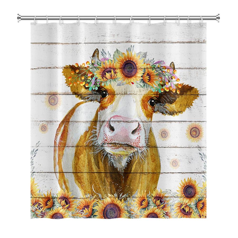 Farmhouse Highland Cow Shower Curtain With Hooks Funny Bull Cattle Bull Floral Decor Country Style Bothroom Curtain