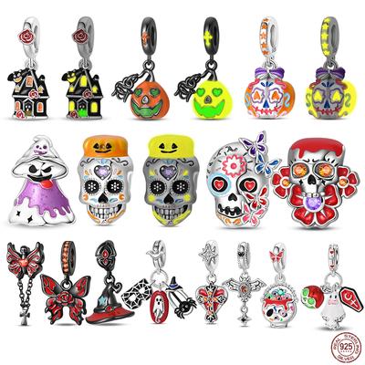 New Halloween Charms Beads Copper Jack-O'-Lantern Skull Bat Witch Hat Candy Luminous Charm Fit Bracelet Diy Jewelry