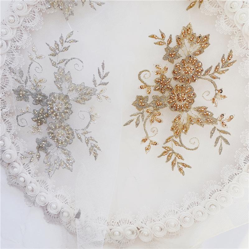 1Pcs Golden Silver Lace Applique Beads Neckline Collar Appliques Embroidery Lace Trim Fabric Cloth Sewing Patchwork