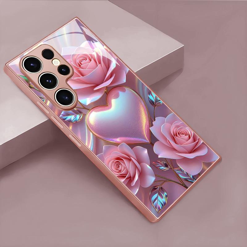 Pink Rose Love Glass Phone Case Suitable for Samsung Galaxy S26 S25 S24 S23 S22 S20 FE Ultra Plus Anti Drop Back Cover