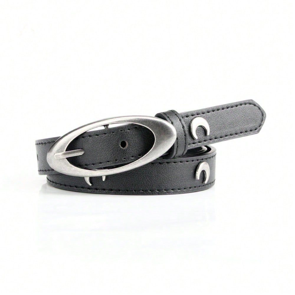Rivets en forme de croissant de lune Ceinture Argent Ancien, Style Punk, Personnalité Tendance, Décoration Étoile Polyvalente Ceinture Jean Femme A noir