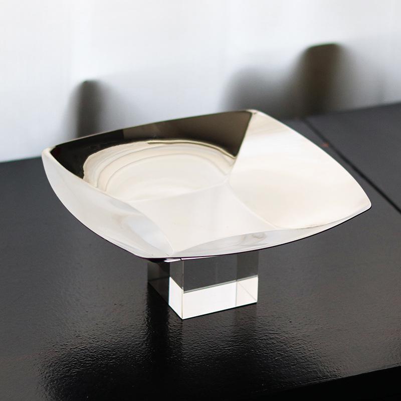 Minimalist Metal Square Fruit Bowl with Crystal Base for Dining or Coffee Tables