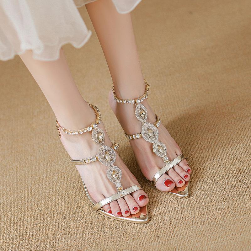 Gold crystal high heels women's 2025 new summer thin heel pointed beautiful chain word with rhinestone sandals