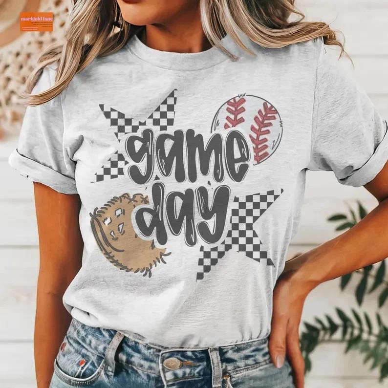 Baseball Game Day Mom  Shirt Checkered Star Graphic Women Sports Tee Cute Outfit 4XL