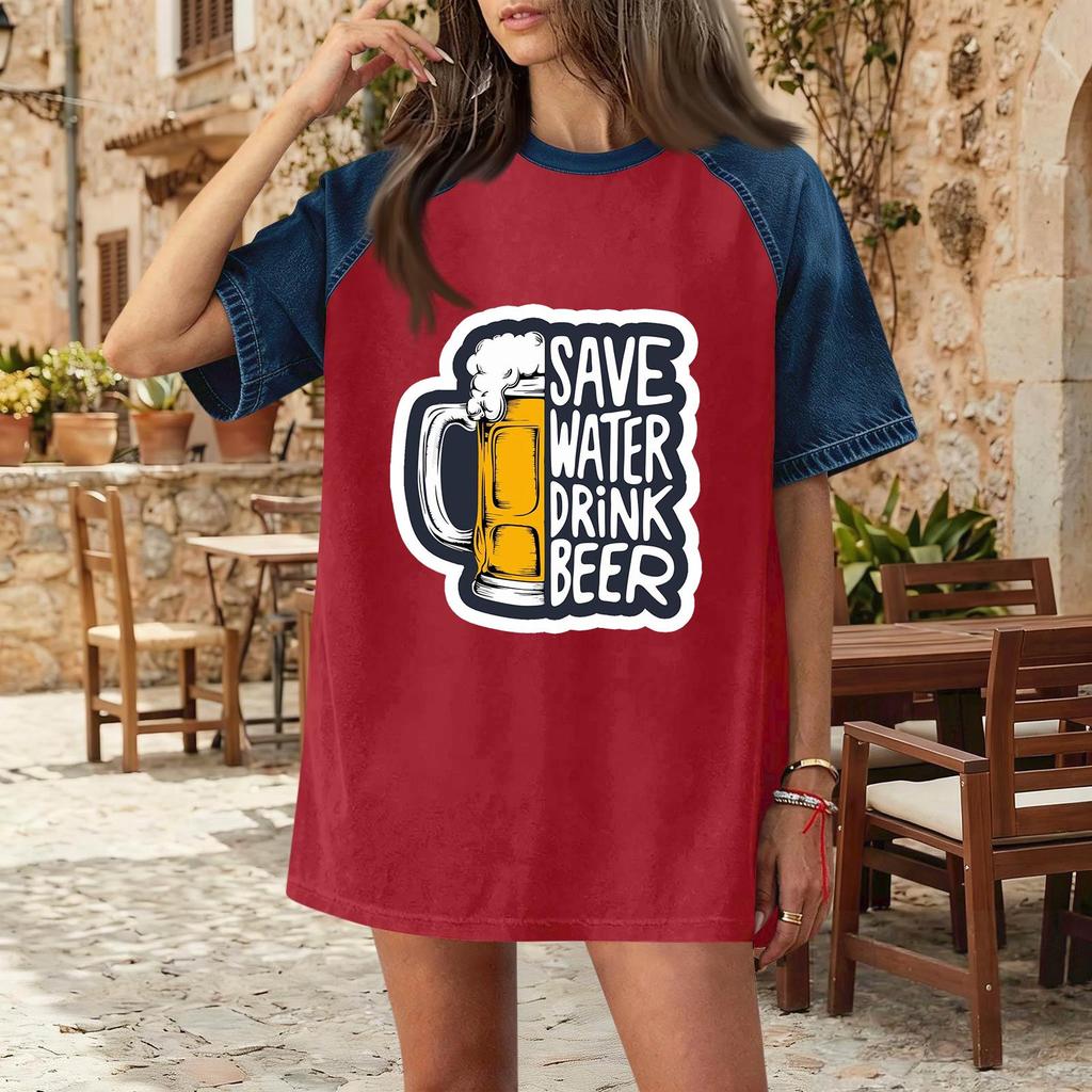 Casual Women Denim Patchwork Oktoberfest Graphic T Shirt Comfortable Short Sleeve Loose Fit Top for Daily Wear