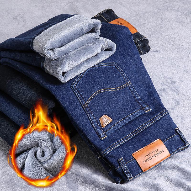 Winter Velvet Thickened Jeans Straight Loose and Versatile Medium Business Elastic Warm Casual Trousers