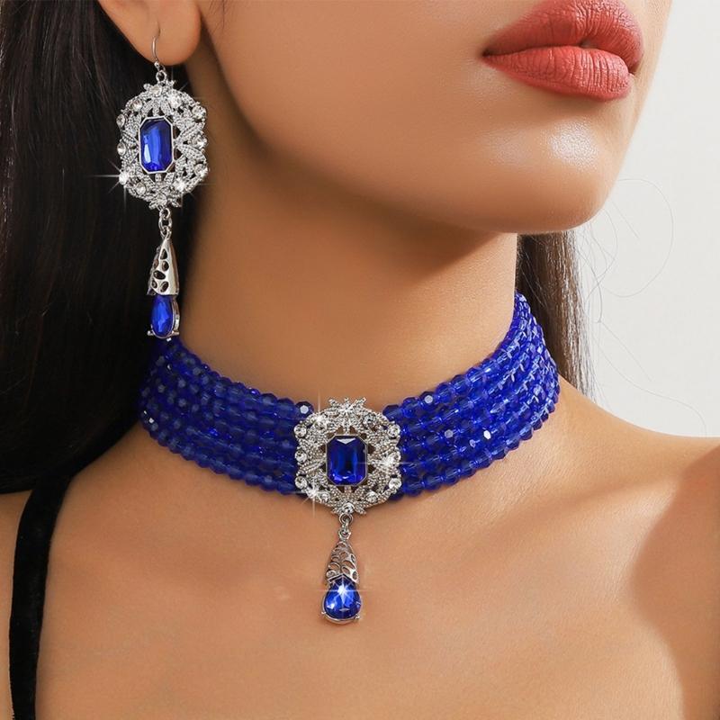 Stylish Layer Rhinestones Waterfall Necklace With Matching Earrings Jewelry Set