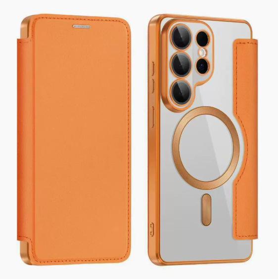 Applicable to Samsung S26ULTRA electroplated gold shield magnetic leather case, mobile phone case A56 all-inclusive flip case Samsung s26ultra оранжевый
