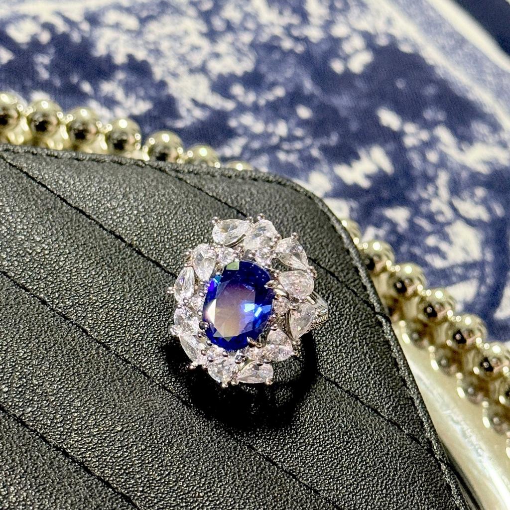 Classic  Sterling Silver Oval Cut Imitation Sapphire Zircon Ring for Women Flower  Wedding Engagement Gifts