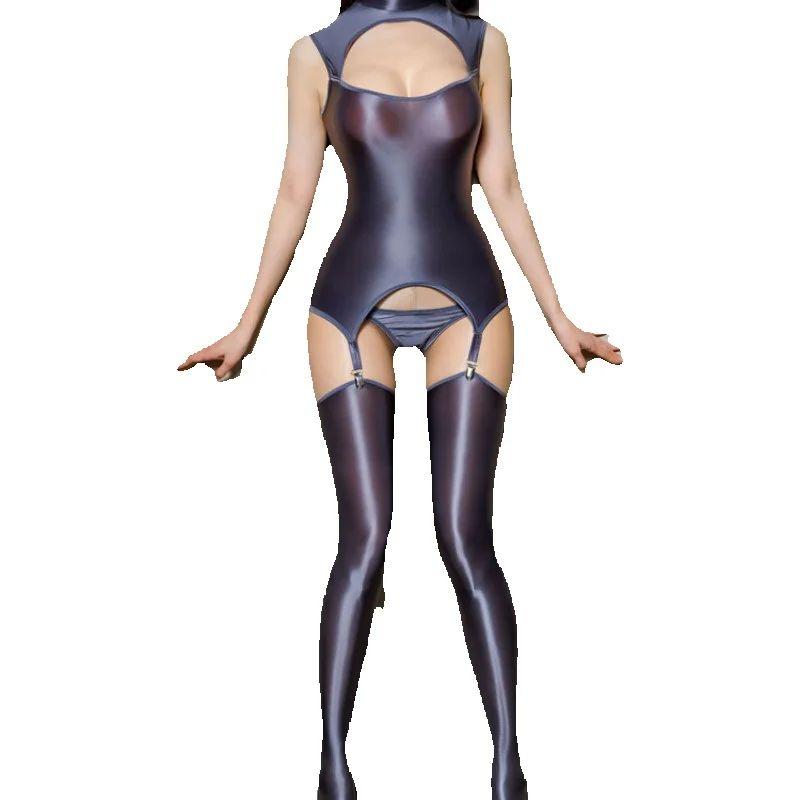 Sexy Women Satin Smooth Hollow Out Bodysuit Oil Glossy Shiny Open Crotch Tight See Through Shaping Leotard With Garter Stockings