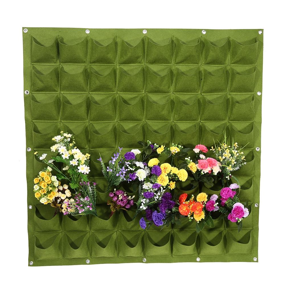 64 Pockets Vertical Outdoor Garden Felt Plants Flower Growing Bag Wall Hanging Planter (Green)
