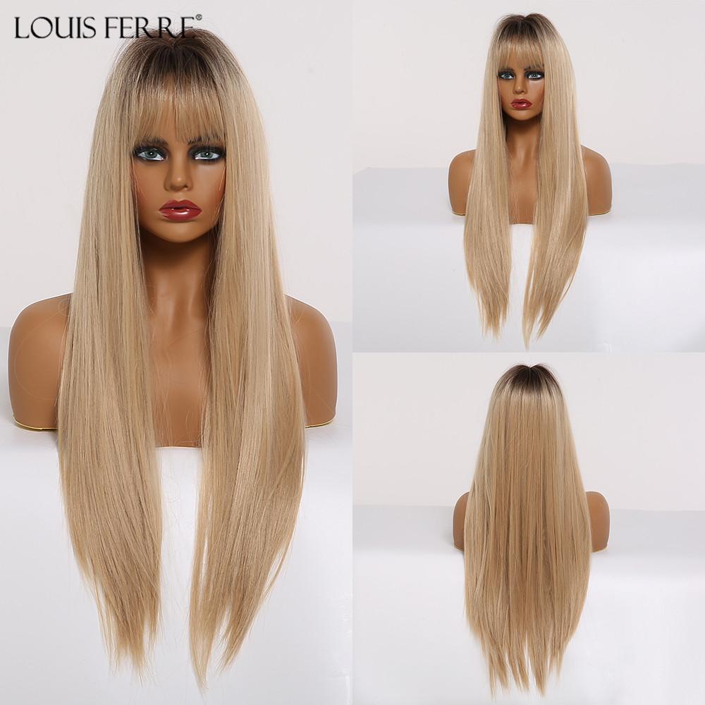 LOUIS FERRE Synthetic Long White Wigs with Bangs Cosplay Straight Wigs with Brown Highlight Natural Fake Hair for Black Women