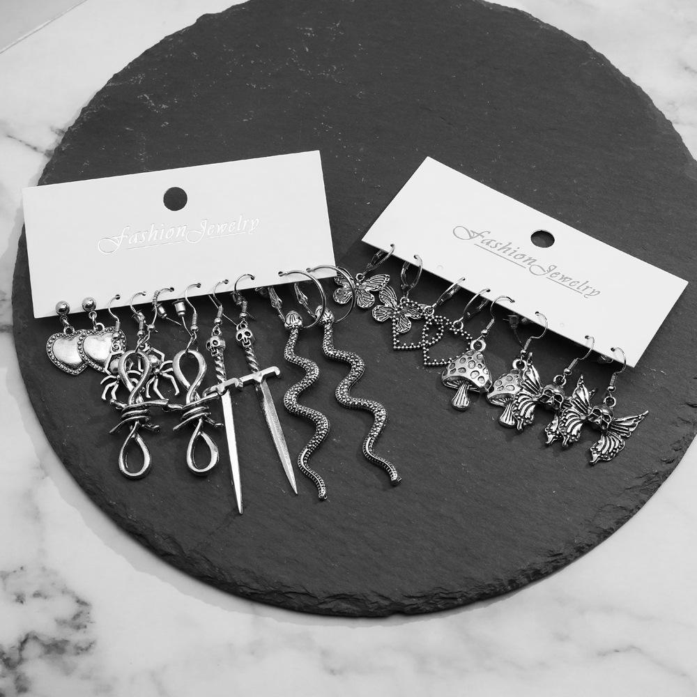 Vintage Silver Color Earrings Set for Women Long Sword Mushroom Butterfly Skeleton Snake Gothic Hang Earrings Jewelry