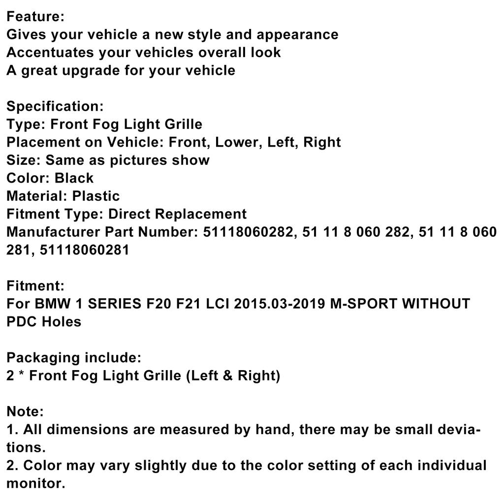 2PCS Fog Light Cover Grille Fit BMW 1 Series F20 F21 LCI M-Sport 2015-2019