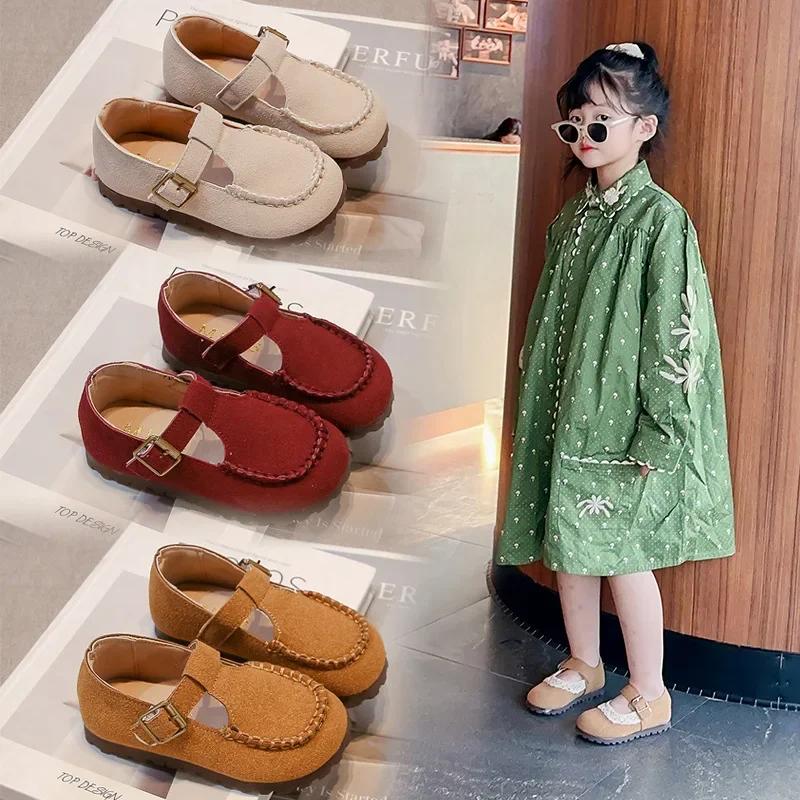 Girls Moccasins British Style Retro Kids Princess Shoes T-strap Round Toes 2025 New Fashion Children Flat Shoes Non-slip Soft