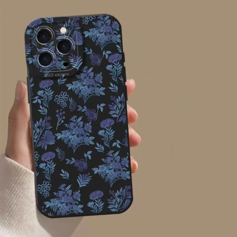 

Серый чехол с сине-фиолетовым цветочным принтом для iPhone 17 Pro Max 16 Pro 15 14 13 12 11 Pro Max 16E 17Air XS XR, силиконовый мягкий чехол iPhone 14 Pro Max