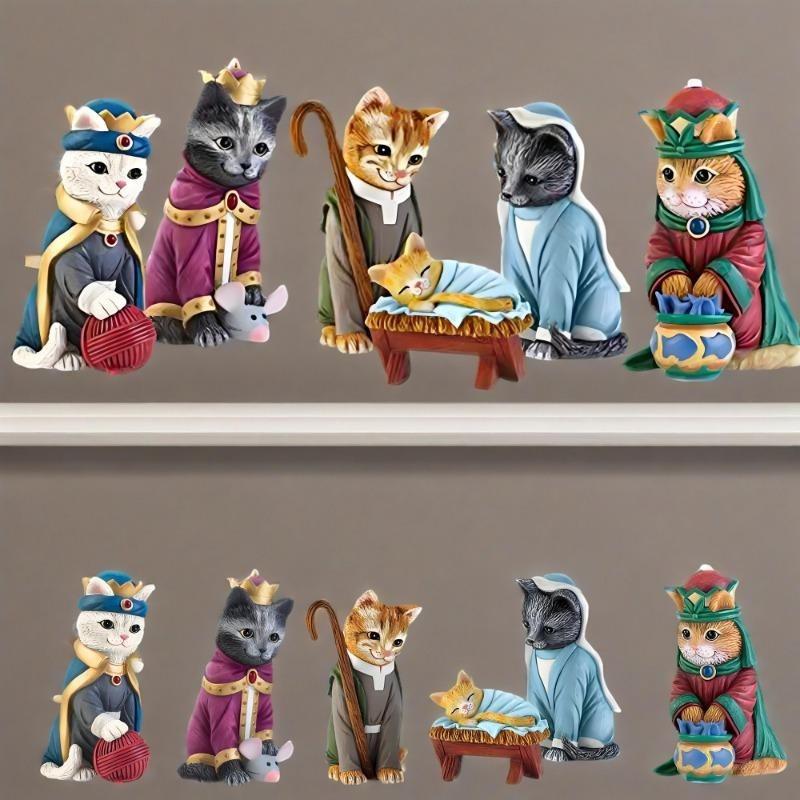 6Pcs Cat Nativity Figurines Set, Resin Kitten Christmas Decor, Cute Cat Themed Nativity Scene Ornaments, Funny Holiday Home Decor Gift