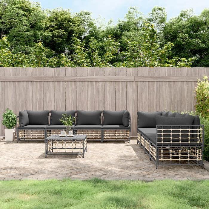 VidaXL Salon de jardin 9 pcs avec coussins anthracite résine tressée, ensemble de salon, ensemble de salon d'extérieur, 3186709