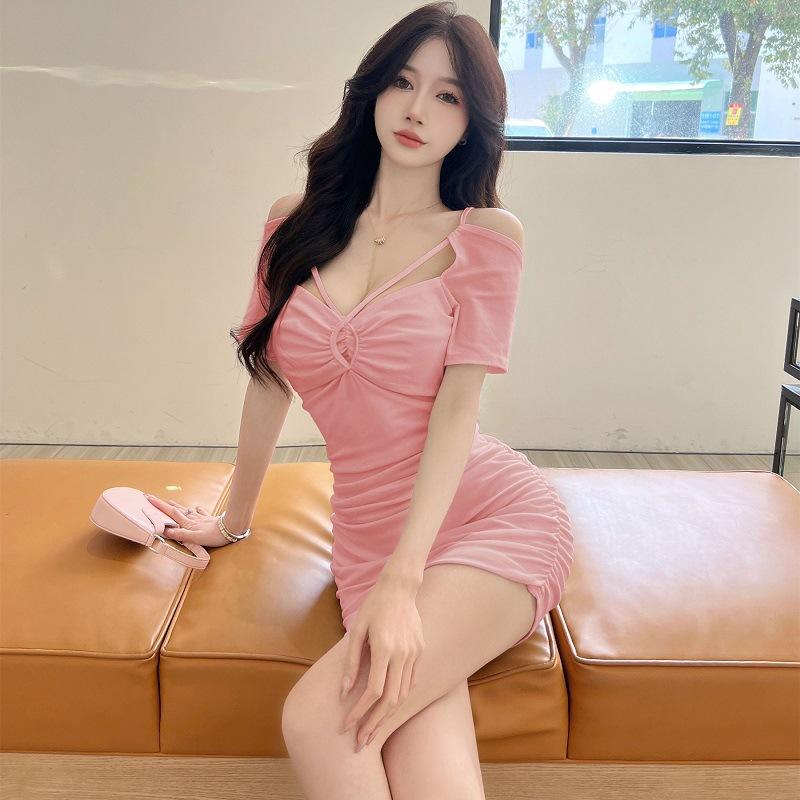 Women's clothing  new niche design sense one-word shoulder short sleeves slim-fitting sexy and thin pure desire wind off-the-shoulder dress