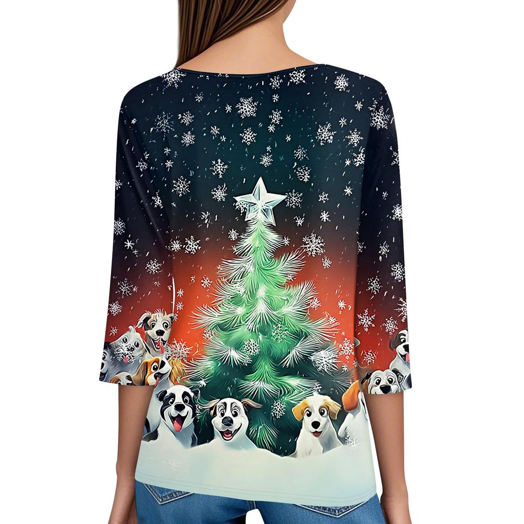 Women's T Shirt Tee Christmas Printed Button 3/4 Sleeve Tunic Daily Weekend Fashion Basic V- Neck Regular Top