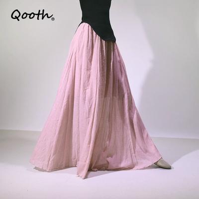 Linen-Cotton A Line Maxi Skirt Elastic Waist Plus Size Flared Skirt QT2837