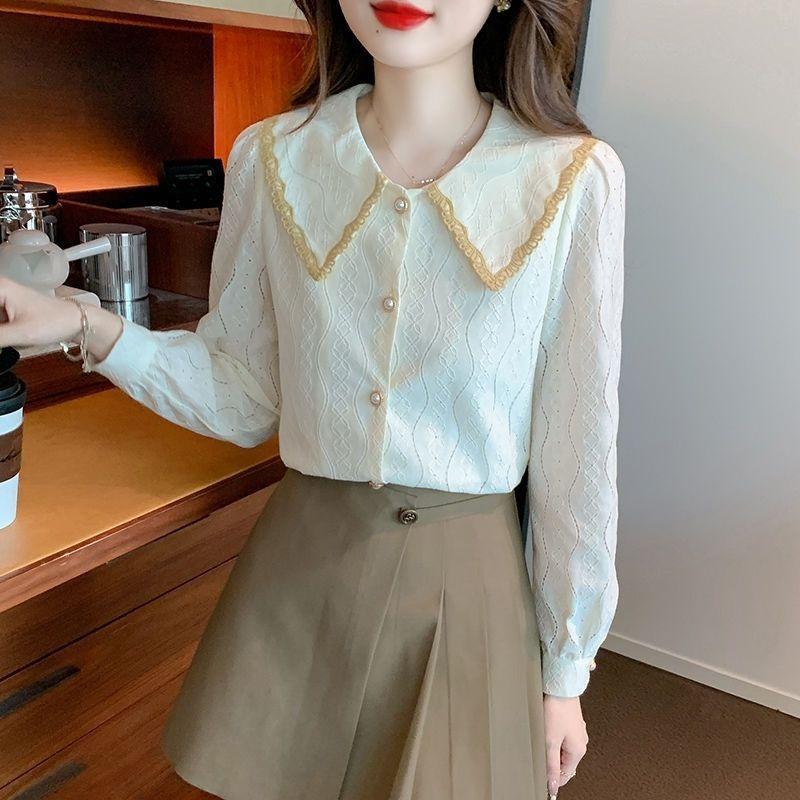 Doll Collar Chiffon Blouse for Women, New Spring and Autumn 2026 Fashionable and Stylish Lace Base Shirt
