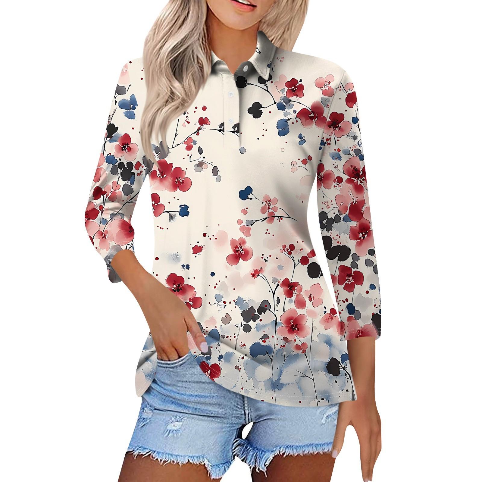 

Женская модная повседневная рубашка с короткими рукавами 3/4 с лацканами и принтом, женские топы на пуговицах XL красный