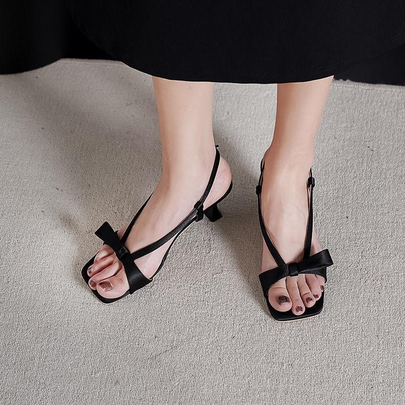 European princess style elegant square head thin heel sandals new summer wear high value bow versatile high heels