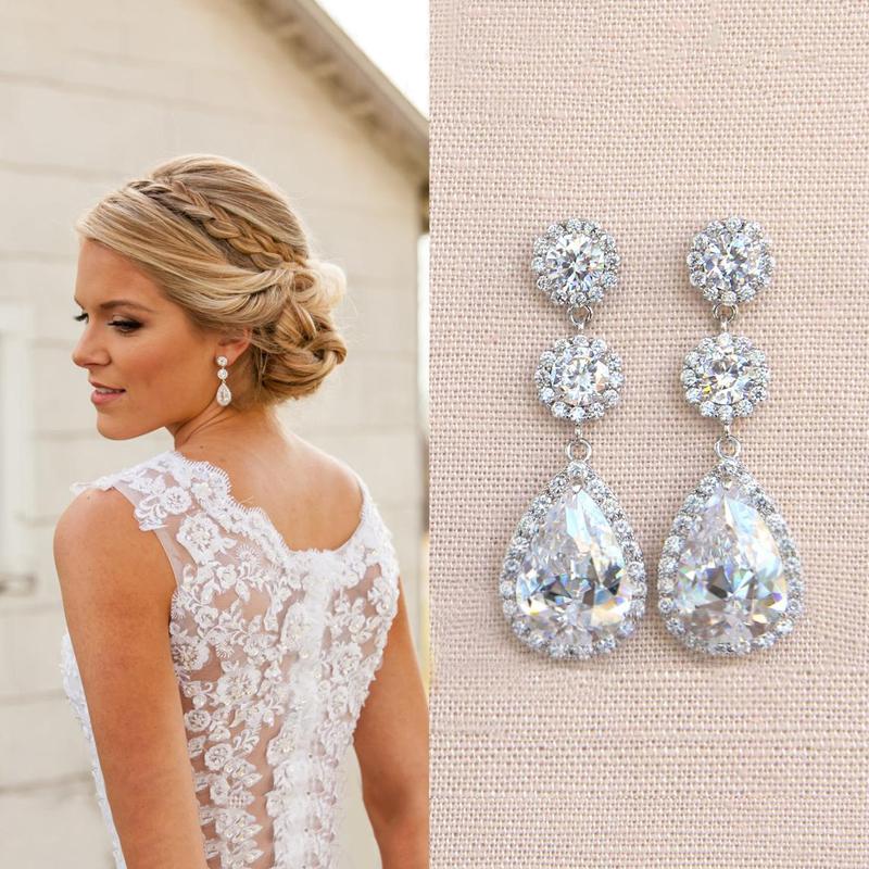 

Huitan New Trendy Wedding Earrings for Women Crystal CZ Brilliant Hanging Earrings High Quality Copper Color Engagement Zircon