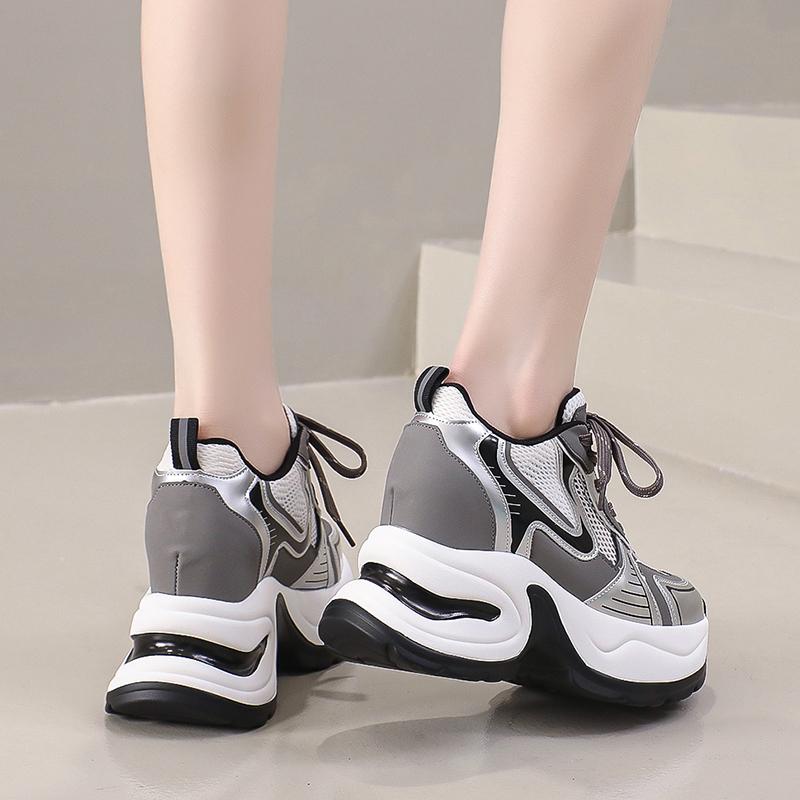 Fashion High Platform Casual Lace-up Sneakers for Women 2025 Fashion Designer Lightweight Breath Mesh Leather Thick Heel Sport Dad Shoes
