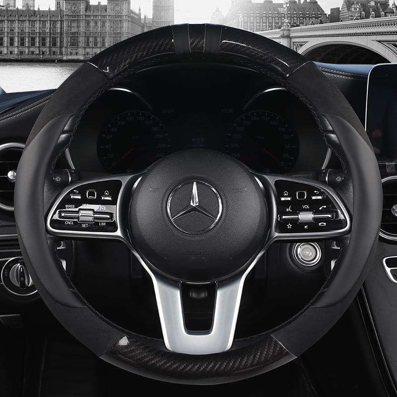 Skórzana osłona na kierownicę do samochodu z włókna węglowego do modeli Mercedes Ben AMG 38cm AC CLA E GLA GLC GLE SB CLS klasa