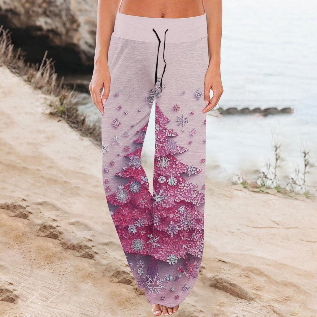 Women's Comfortable Pajama Pants  Pants Christmas Print Drawstring Wide Leg Pants