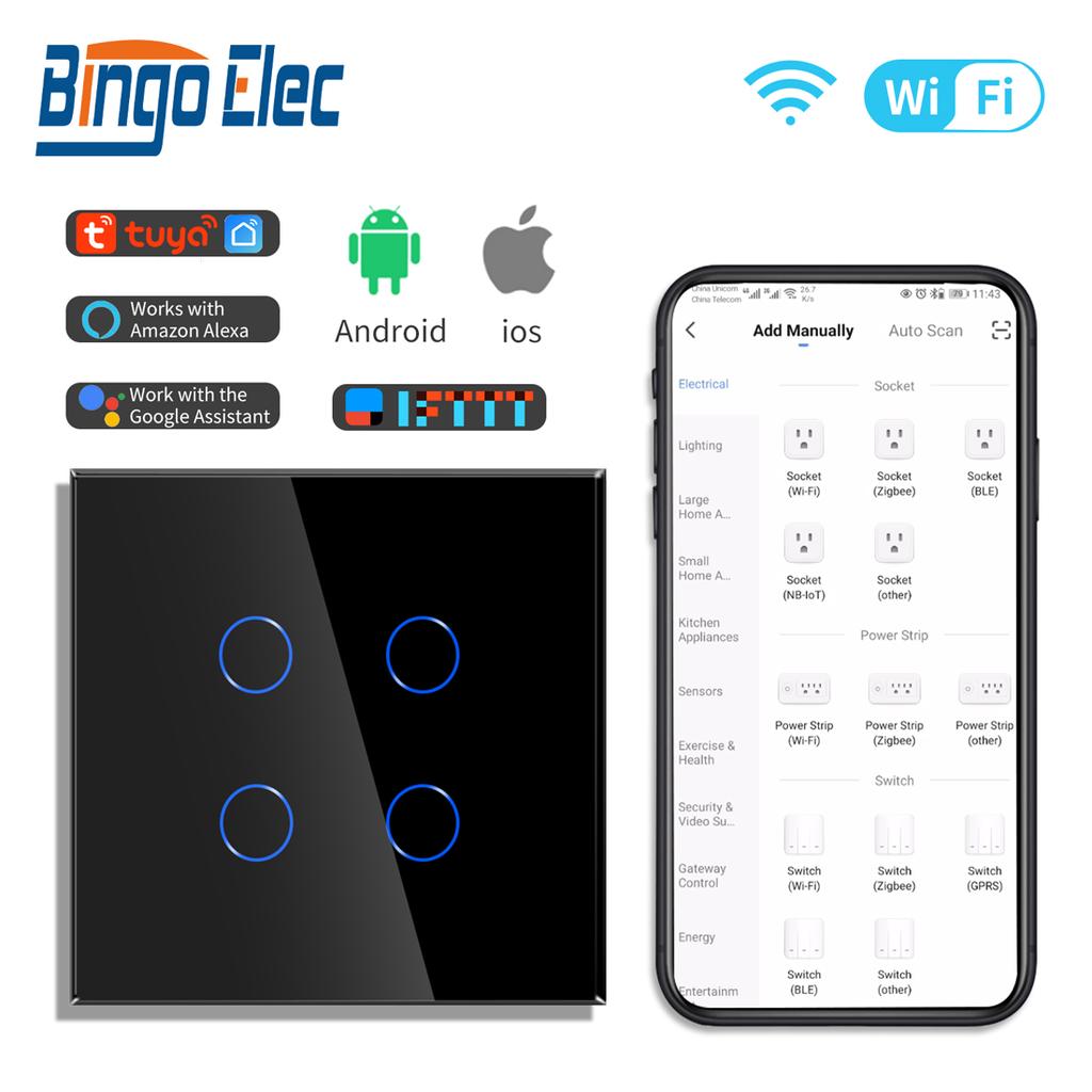 Bingoelec Wifi EU 1/2/3/4-fach Tuya Heimschalter Licht Alexa Steuerung Touch Glaswand Elektrischer Smarter Schalter