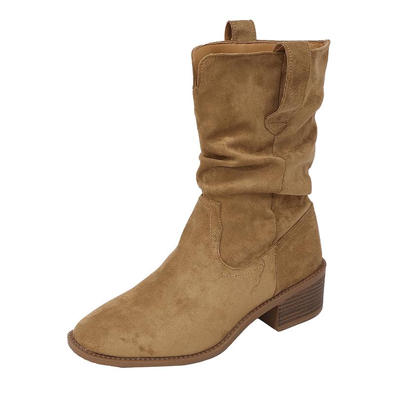 Star with the Same Inner Height Increase of 4cm Versatile Retro Square Round Head Flat Bottom Soft Thin Boots Tall Knight Boots Women