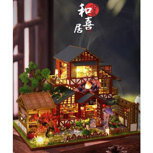 moin moin 1/24 scale dollhouse miniature DIY kit set featuring a Japanese-style inn (Wakii) with a focus on Japanese cuisine, featuring a late-night d