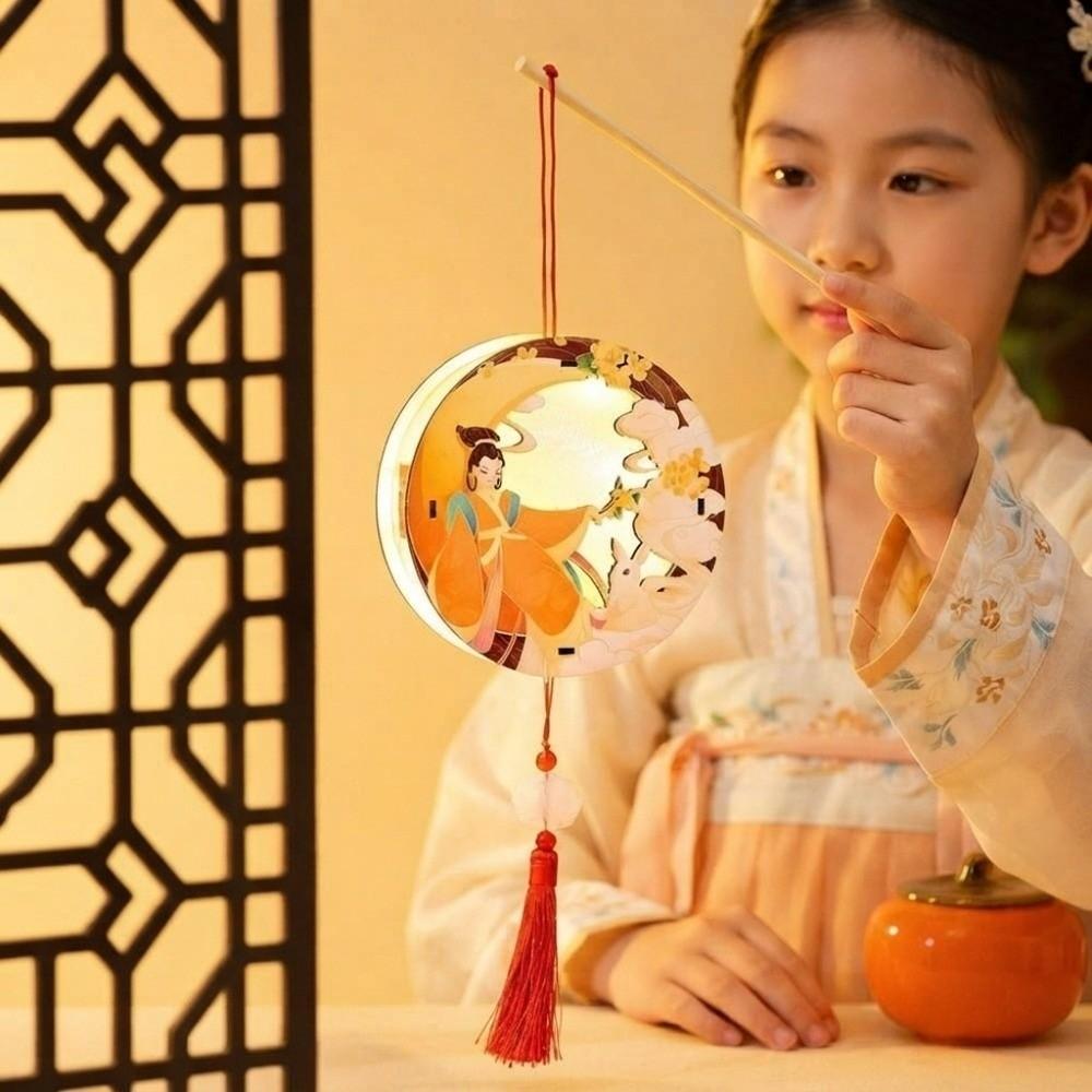 Shadow Box Style Moon Goddess Lantern Translucent Warm Backlight Paper Cut Shadow Lamp Cell Battery Operated Circular Wood