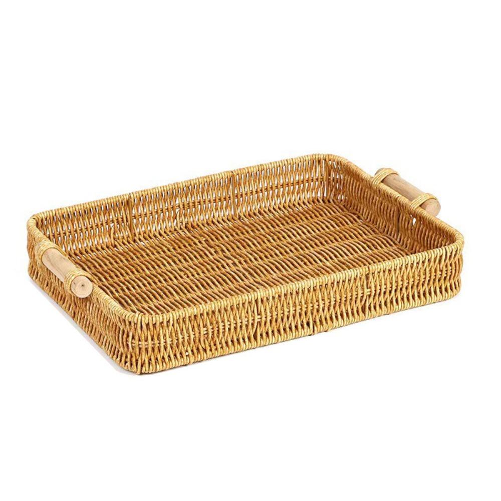 Plastic Rattan Threads Food Serving Tray Wooden Handle Desktop Organizer  Office