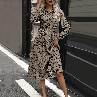 Women's Fashion Spring Fall Leopard Print Long Sleeve POLO Neck Middle Waistline Casual Dresses