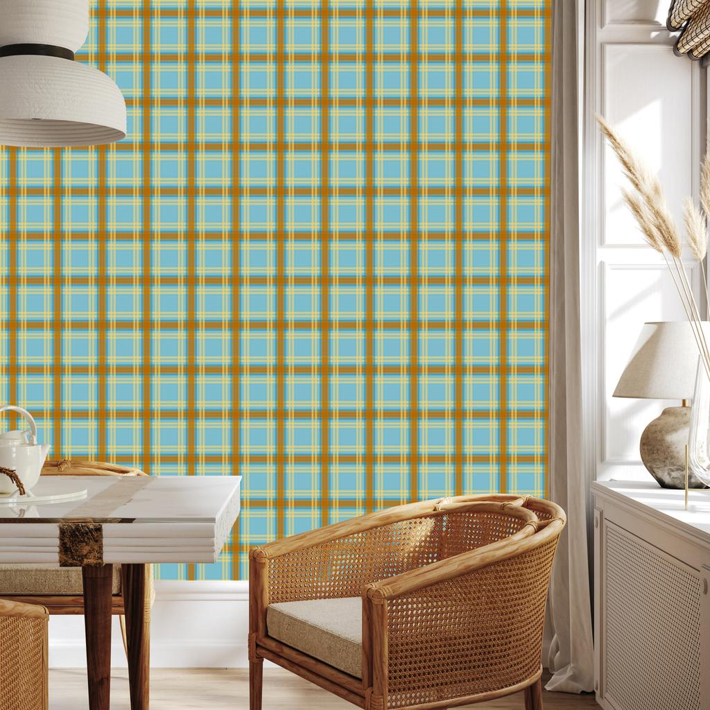 Yellow and blue checkered wallpaper, gold, turquoise and green, 50x1000